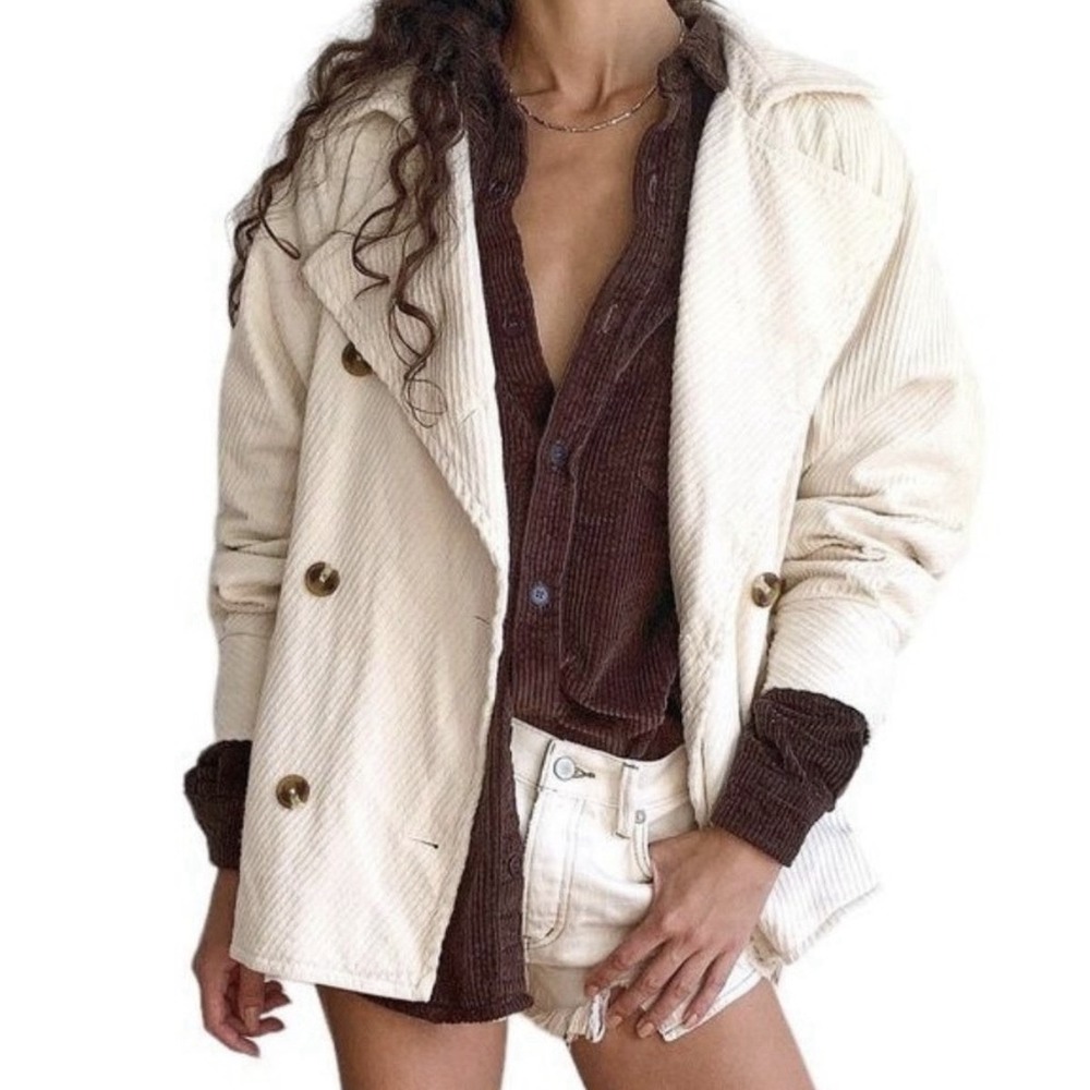 Free People Remi Jacket Peacoat Ivory Ecru Corduroy S Oversized Bohemian Coastal